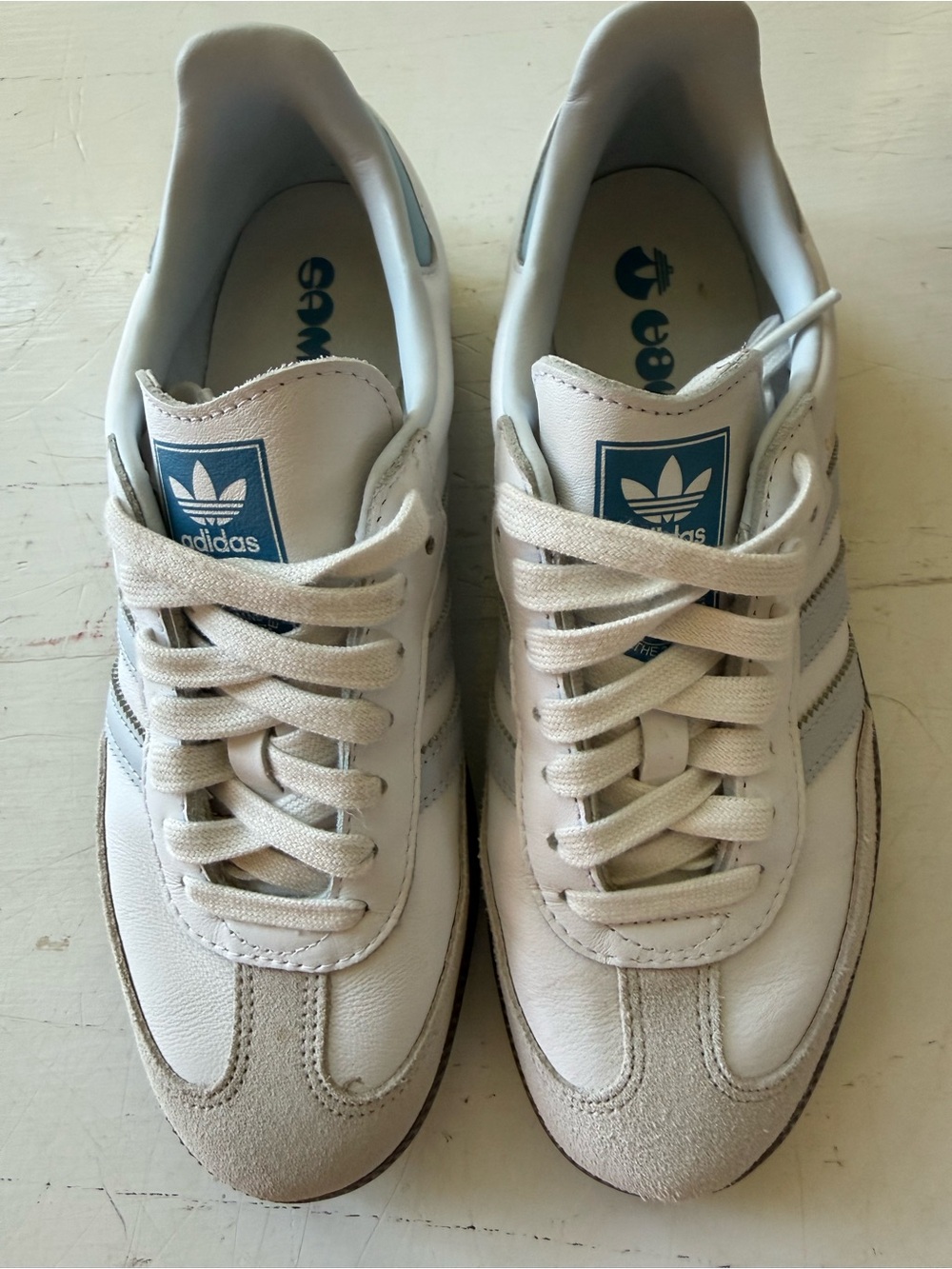 Adidas Samba White and Light Blue Leather Retro Sneakers
